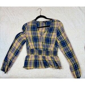 Express Women's blue yellow square print Wrap top Long Sleeve  Size Small
